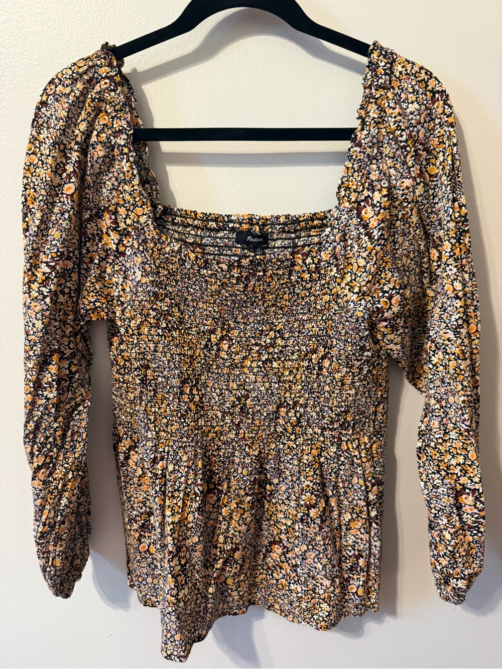 Madewell Mustard, Black & Cream Floral Smocked Top